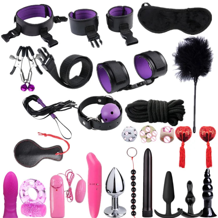 Leather BDSM Bondage Kit – Whip, Gag, Nipple Clamps & More
