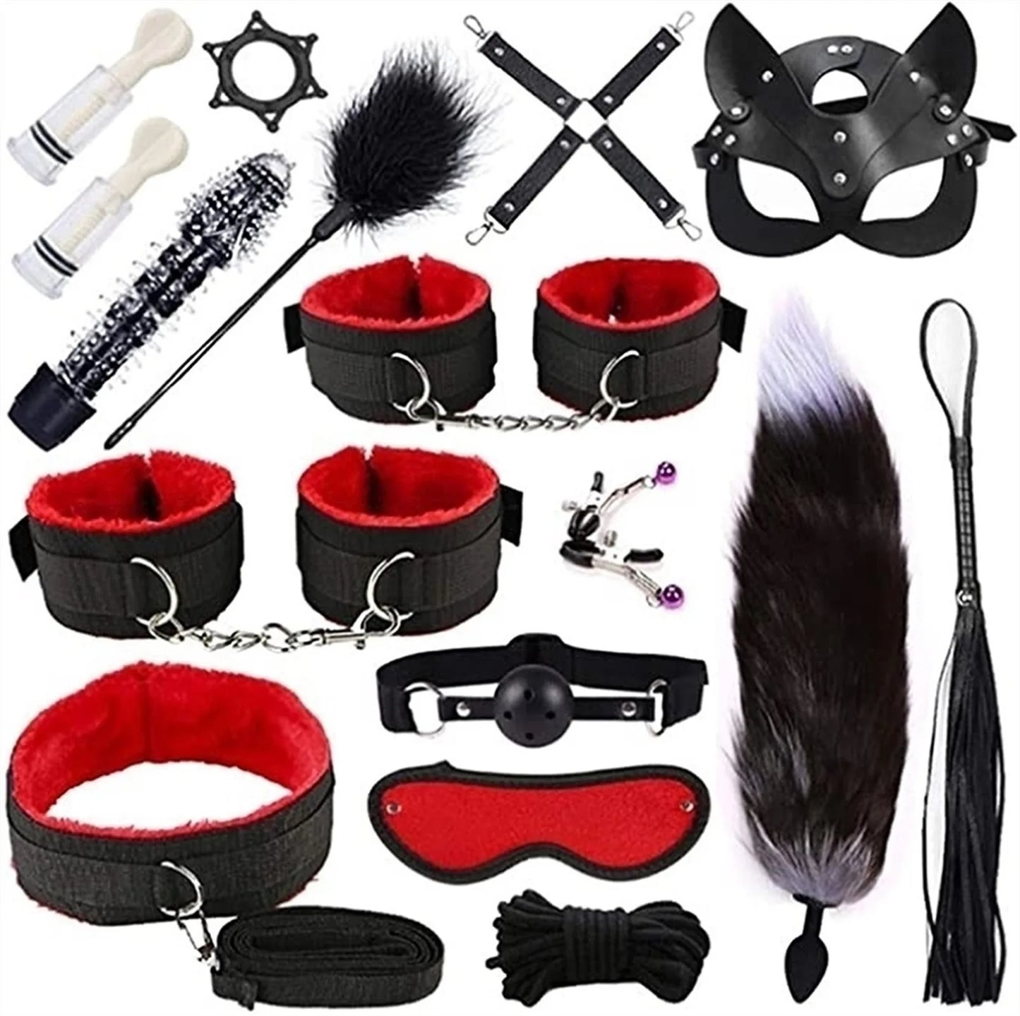 Leather BDSM Bondage Kit – Whip, Gag, Nipple Clamps & More