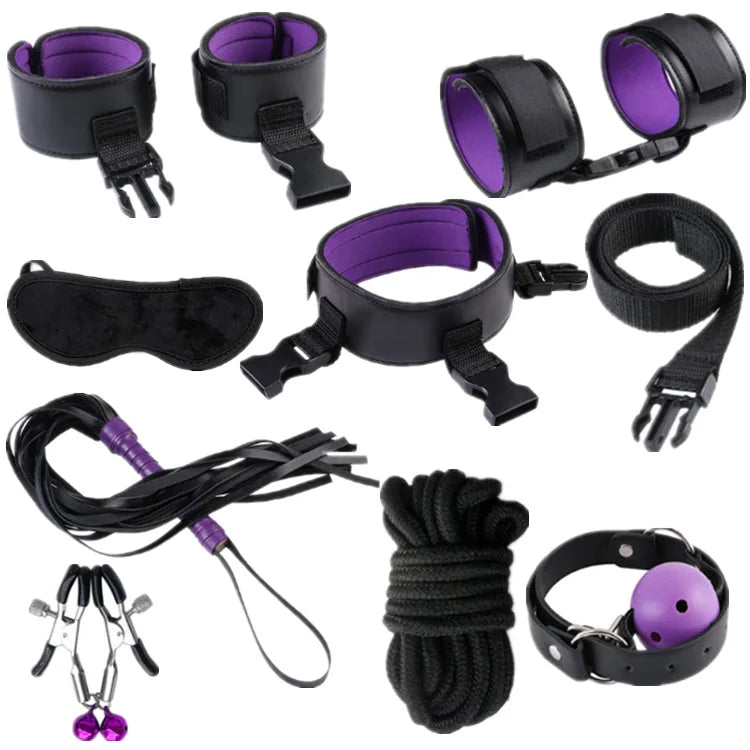 Leather BDSM Bondage Kit – Whip, Gag, Nipple Clamps & More