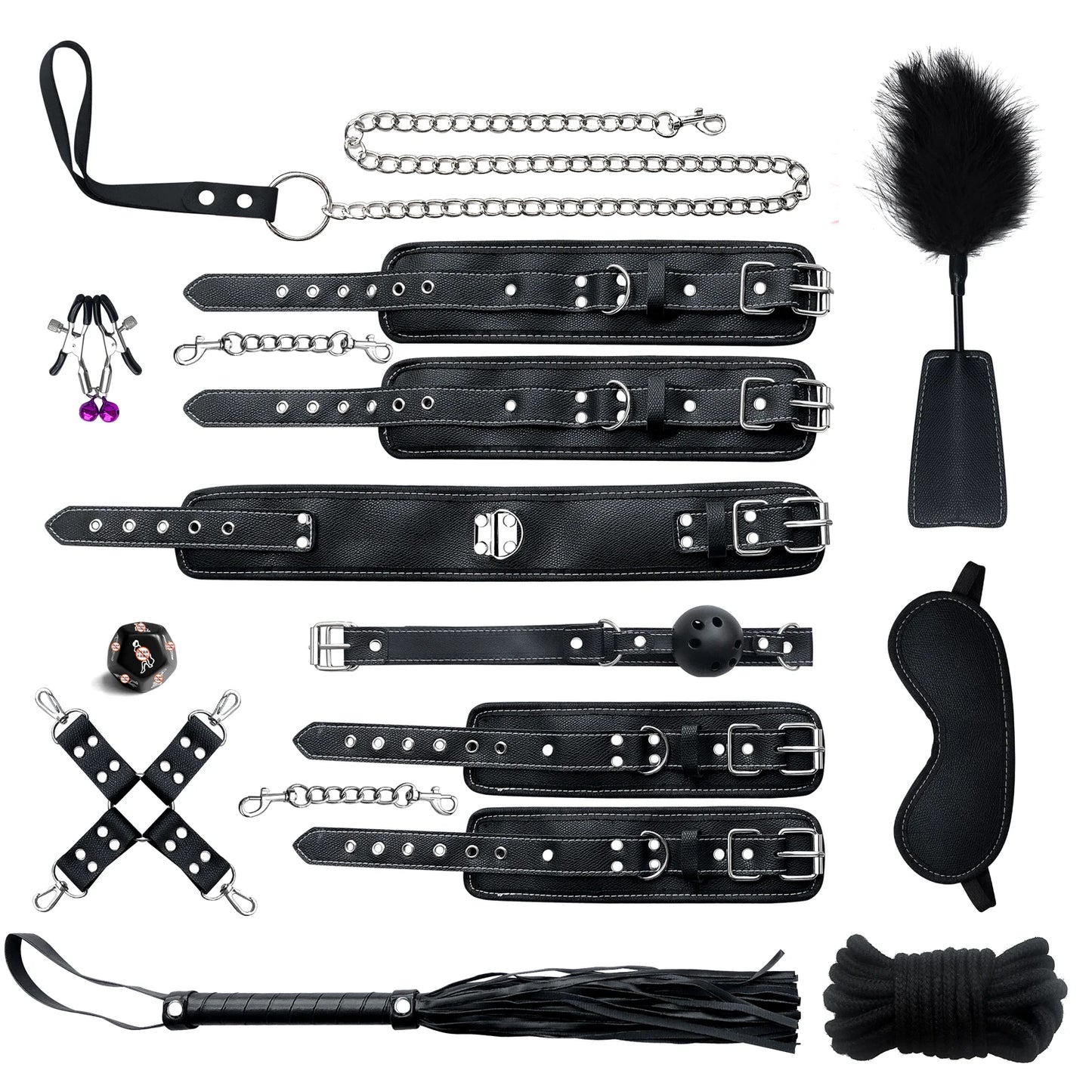 Leather BDSM Bondage Kit – Whip, Gag, Nipple Clamps & More