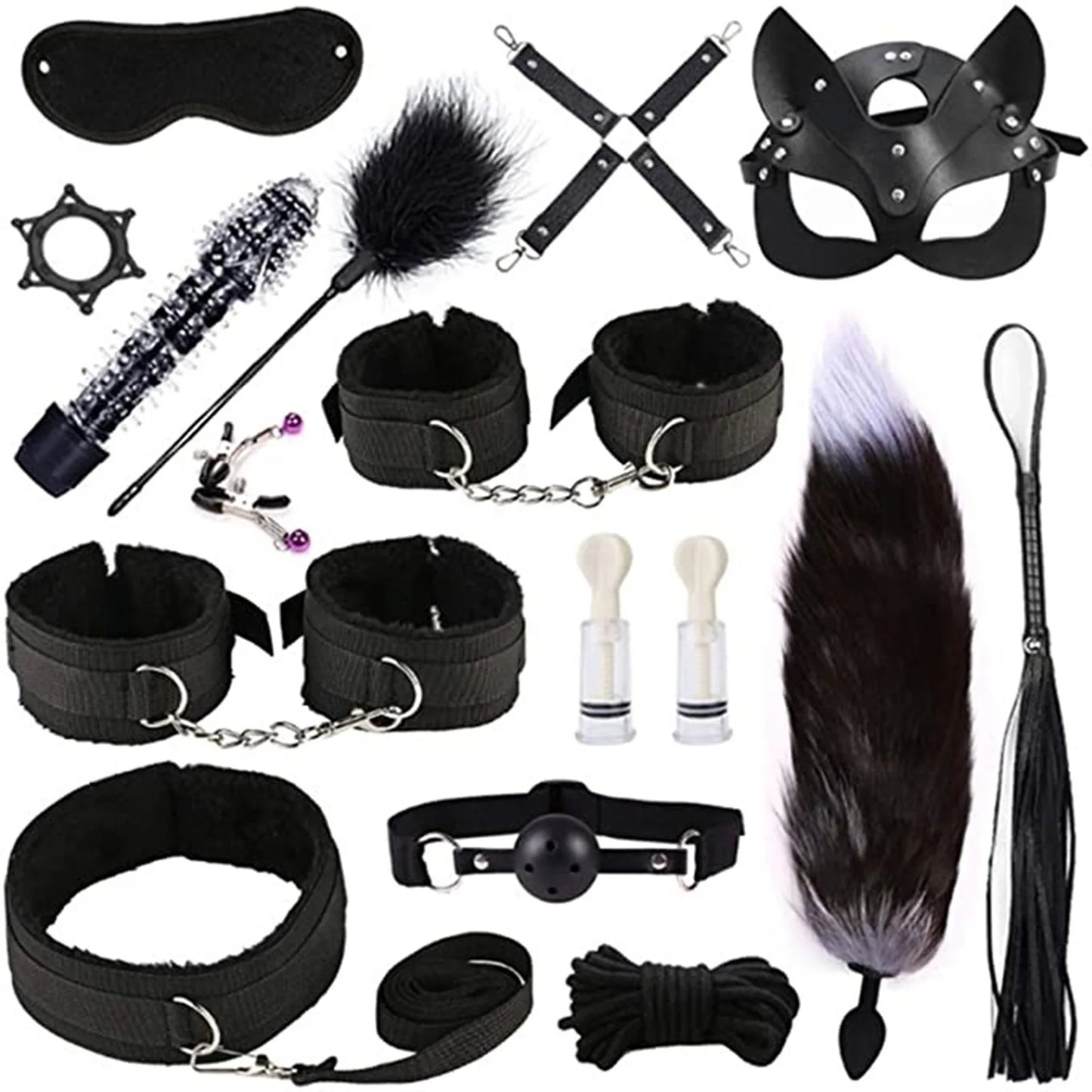 Leather BDSM Bondage Kit – Whip, Gag, Nipple Clamps & More