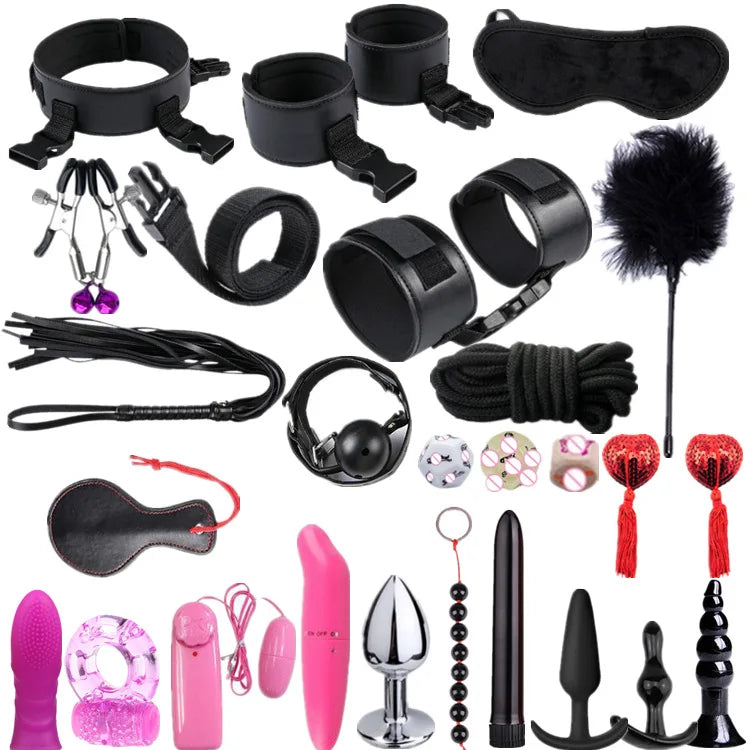 Leather BDSM Bondage Kit – Whip, Gag, Nipple Clamps & More