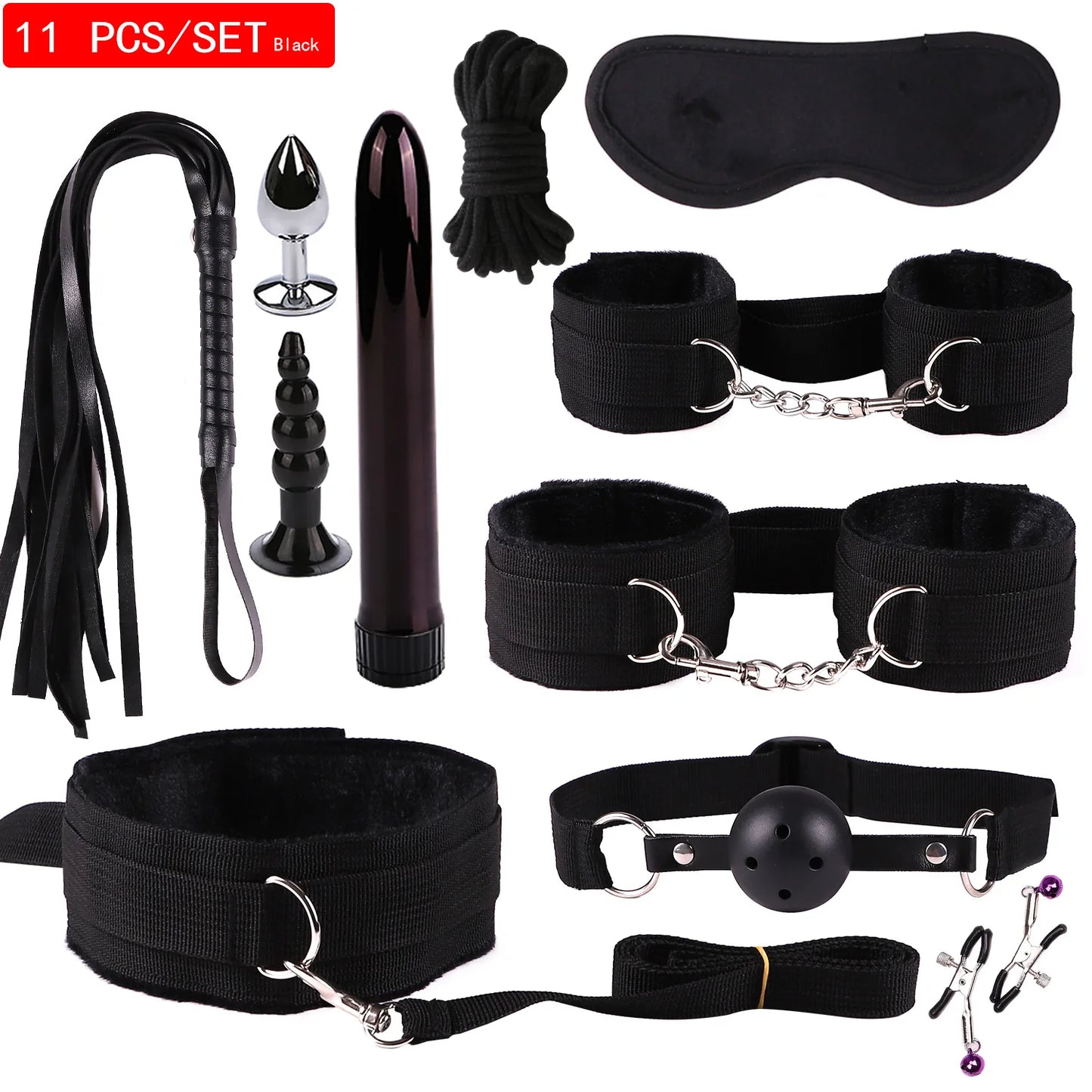 Leather BDSM Bondage Kit – Whip, Gag, Nipple Clamps & More