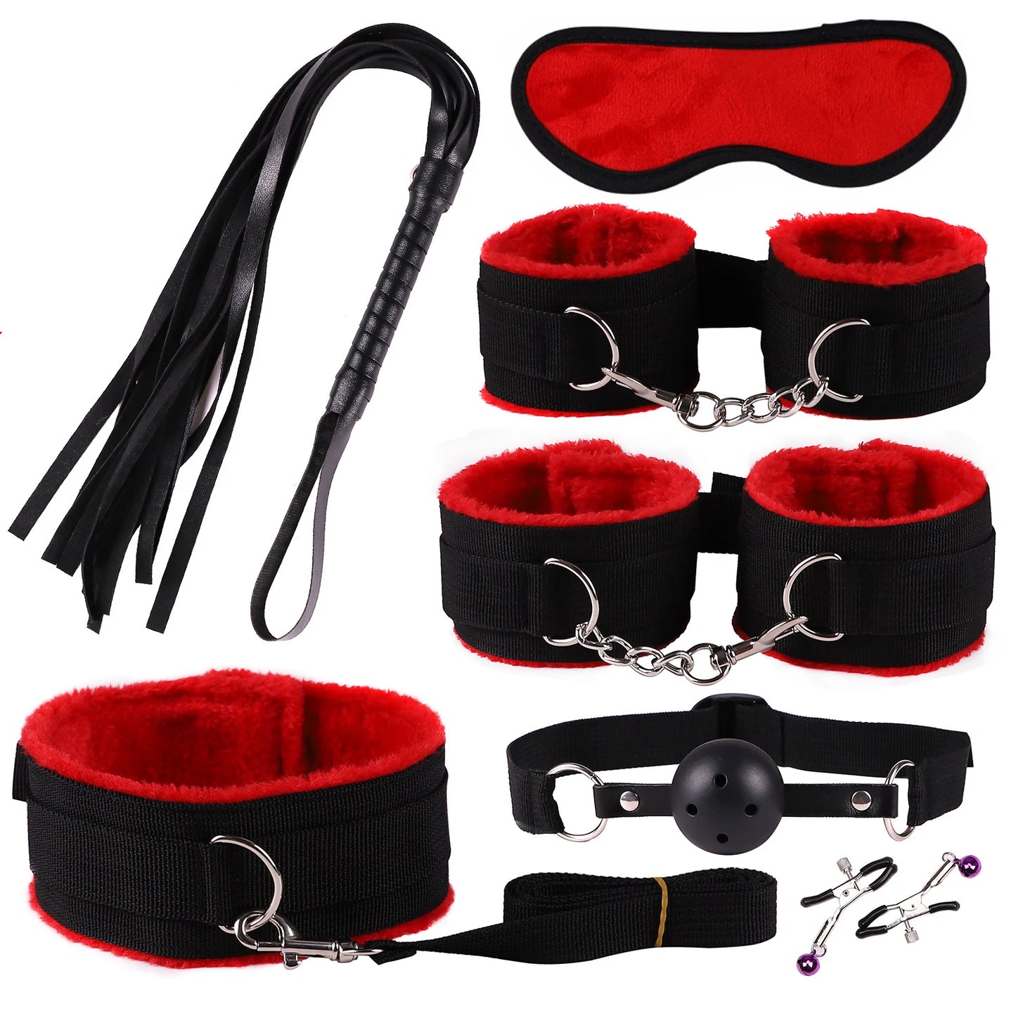 Leather BDSM Bondage Kit – Whip, Gag, Nipple Clamps & More