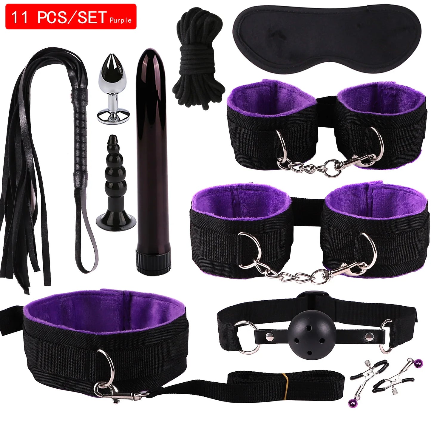Leather BDSM Bondage Kit – Whip, Gag, Nipple Clamps & More