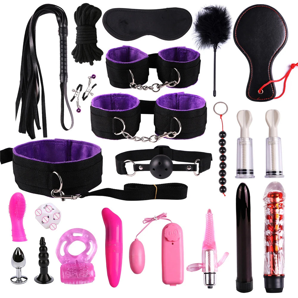 Leather BDSM Bondage Kit – Whip, Gag, Nipple Clamps & More