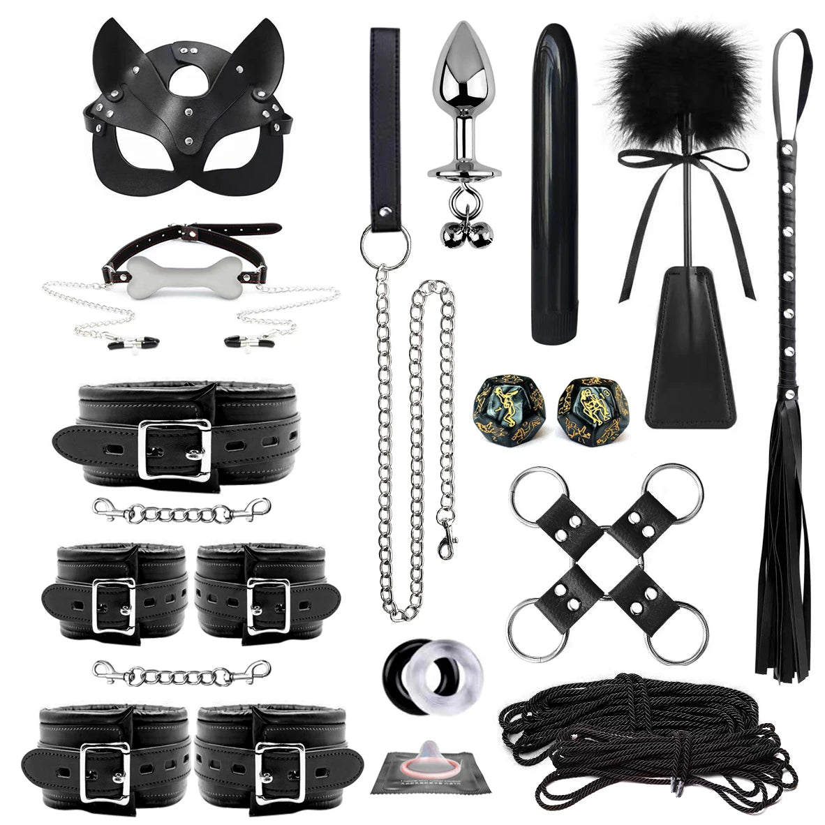 Leather BDSM Bondage Kit – Whip, Gag, Nipple Clamps & More