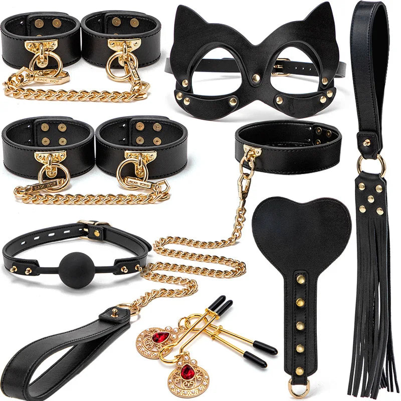 Leather BDSM Bondage Kit – Whip, Gag, Nipple Clamps & More