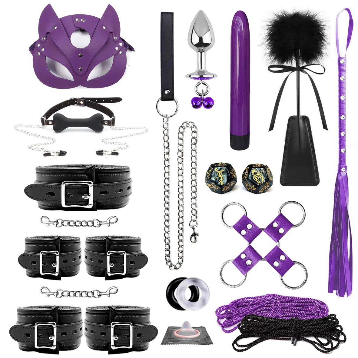 Leather BDSM Bondage Kit – Whip, Gag, Nipple Clamps & More