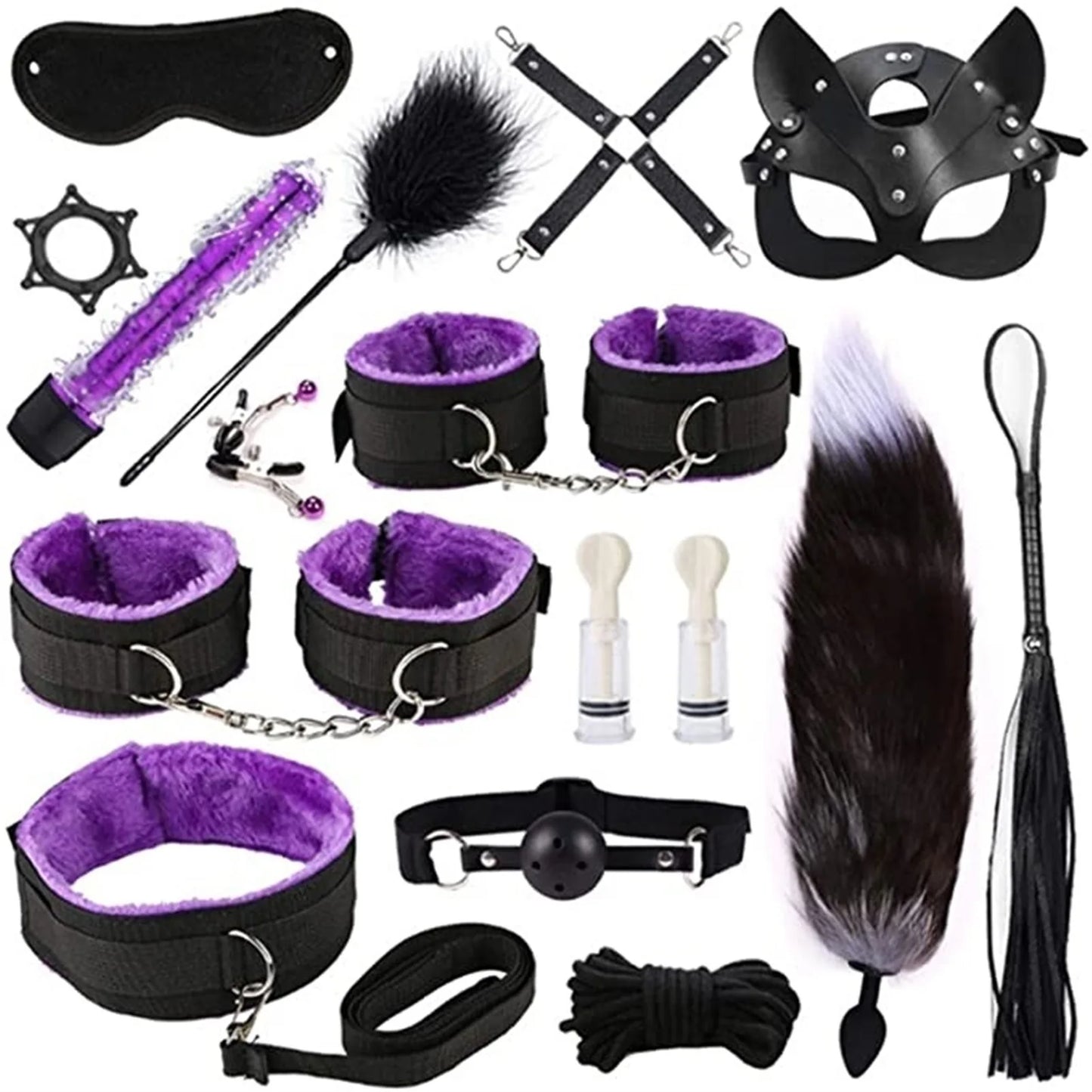 Leather BDSM Bondage Kit – Whip, Gag, Nipple Clamps & More