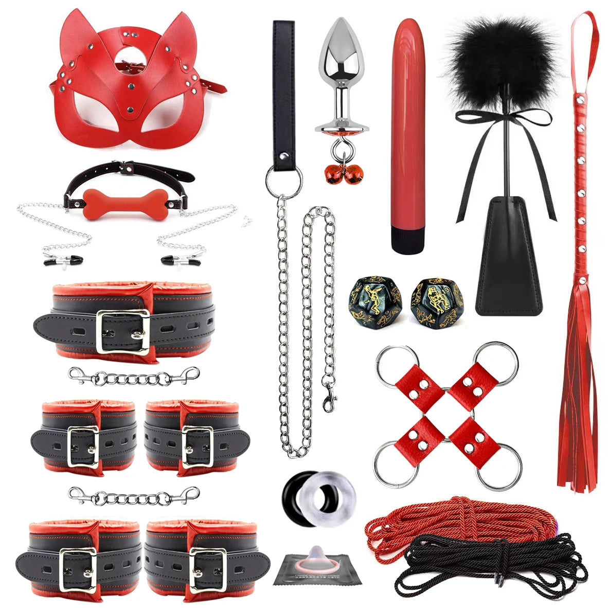 Leather BDSM Bondage Kit – Whip, Gag, Nipple Clamps & More