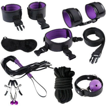 Leather BDSM Bondage Kit – Whip, Gag, Nipple Clamps & More