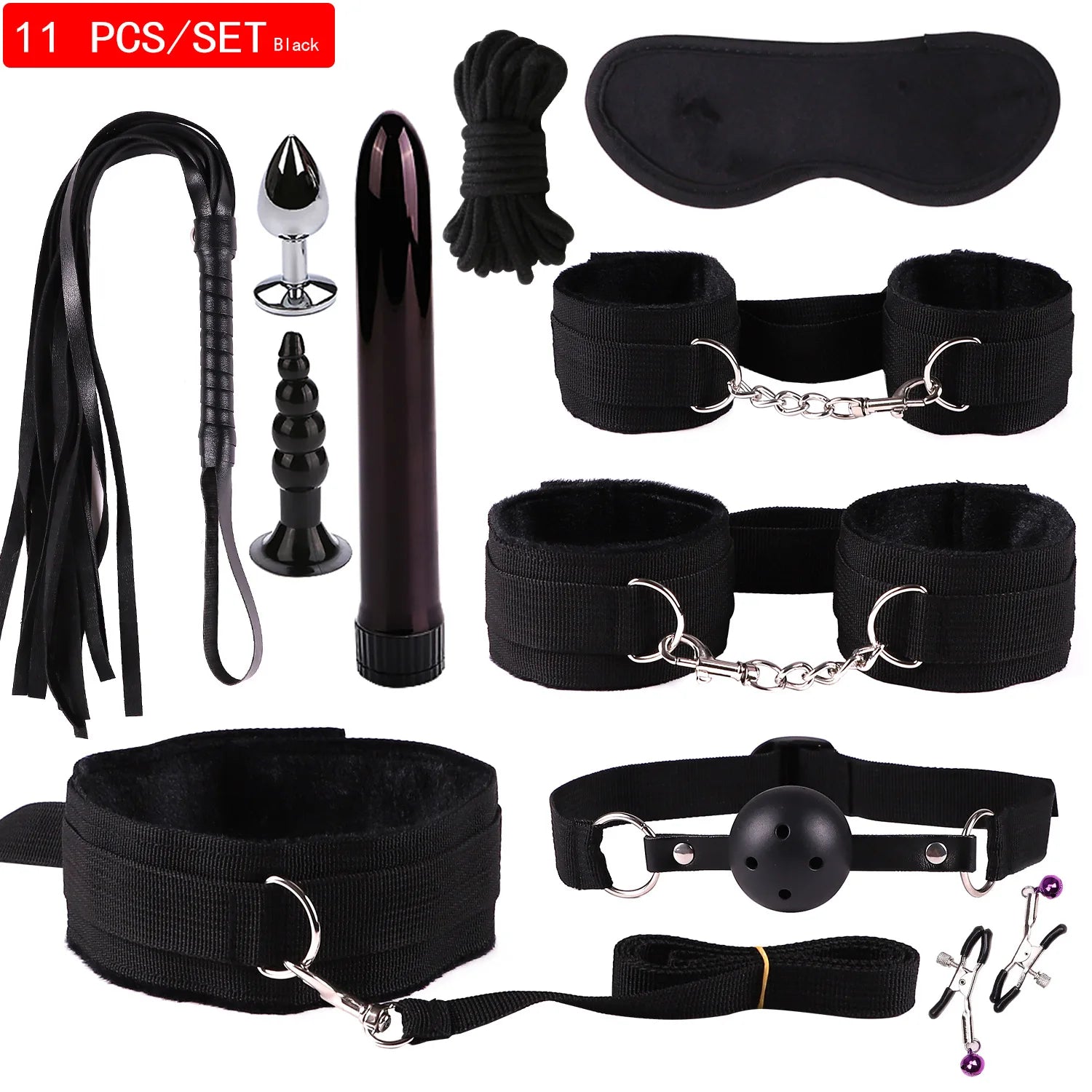 Leather BDSM Bondage Kit – Whip, Gag, Nipple Clamps & More