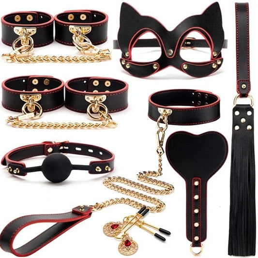 Genuine Leather BDSM Bondage Set – Cuffs, Collar, Gag & Whip
