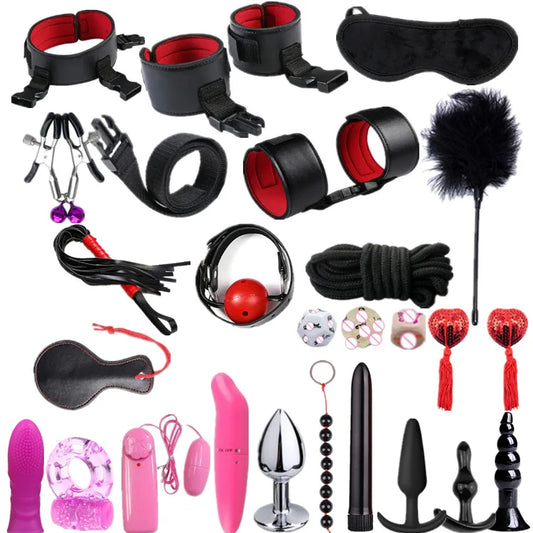 Leather BDSM Bondage Kit – Whip, Gag, Nipple Clamps & More