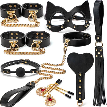 Leather BDSM Bondage Kit – Whip, Gag, Nipple Clamps & More